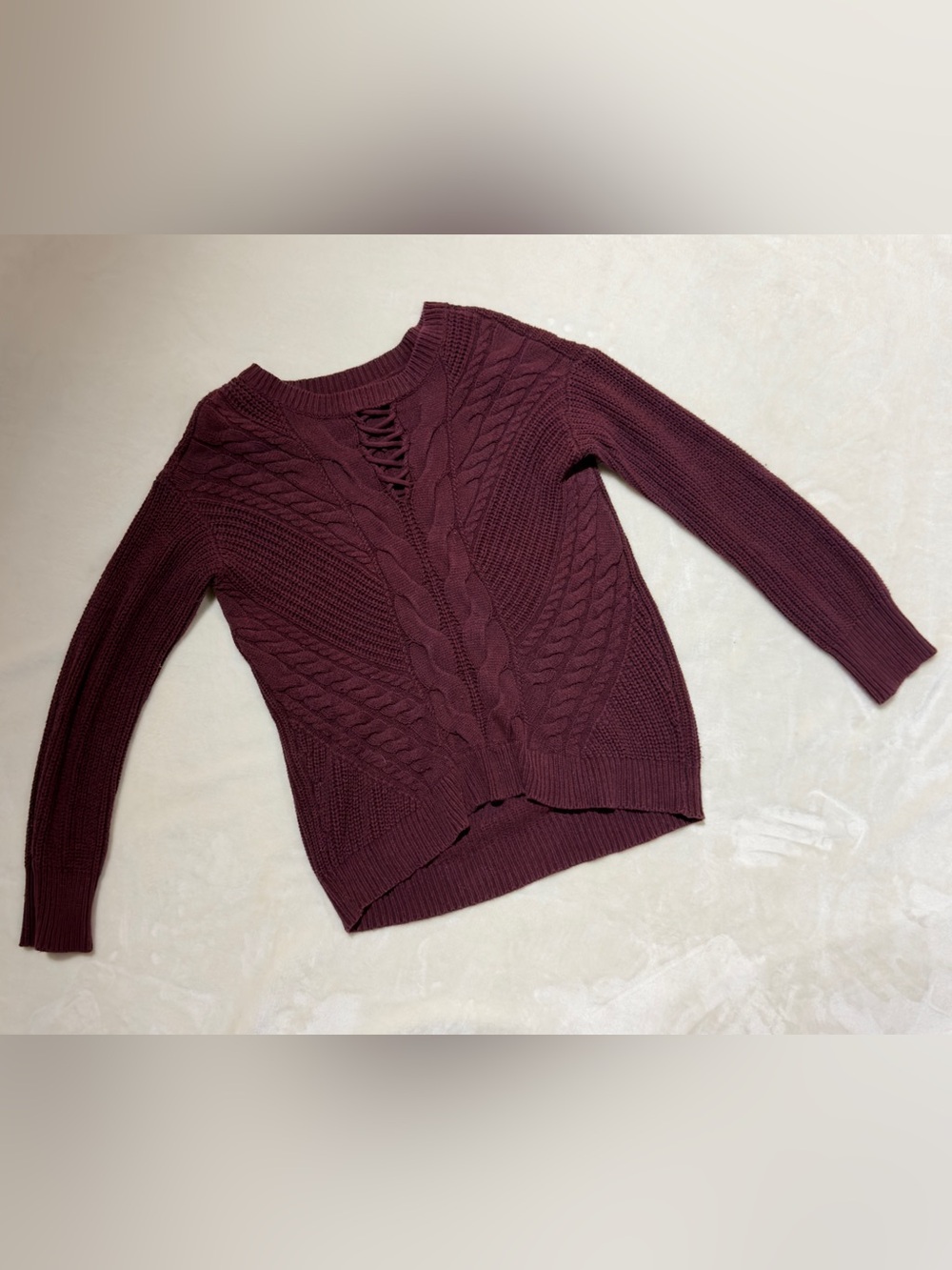 a.n.a Burgundy Cable Knit Lace-Up Sweater